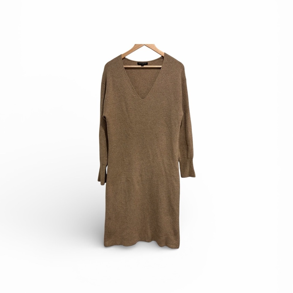 Banana Republic Tan Long Sleeve V-Neck Sweater Dress Cotton Blend Ribbed Midi